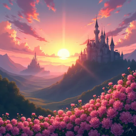 Beautiful anime style background with castles and nice sunset with beautiful bush with some beautiful pink flowers 