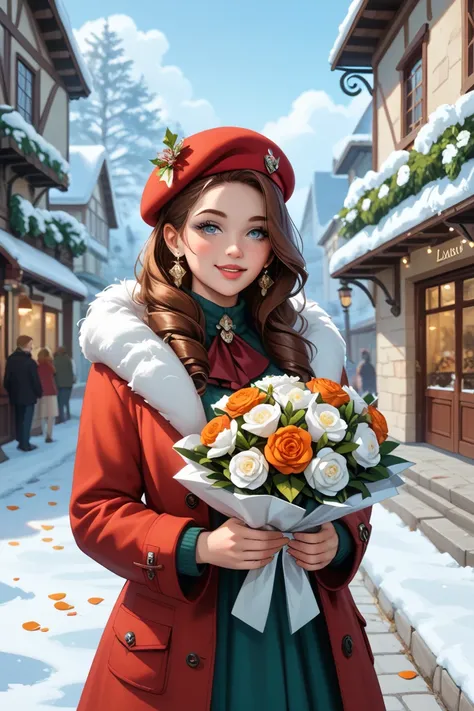 A snowy winter evening in a European-style town, where a charming 18-year-old girl stands prominently in the foreground. Her soft, flowing brown hair frames her face, and she wears a classic beret along with a crimson coat that contrasts beautifully with t...