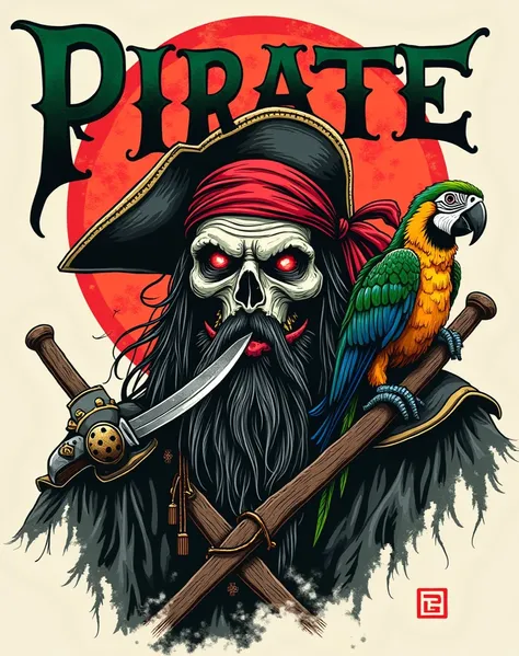 creative logo illustration japanese fantasy art style of an intricate black and white drawing of a scary pirate skul with a red bandana and red blazing eyes, holding a knife between his teeth, a colorful parrot sitting on his shoulder, brown wooden shipe w...