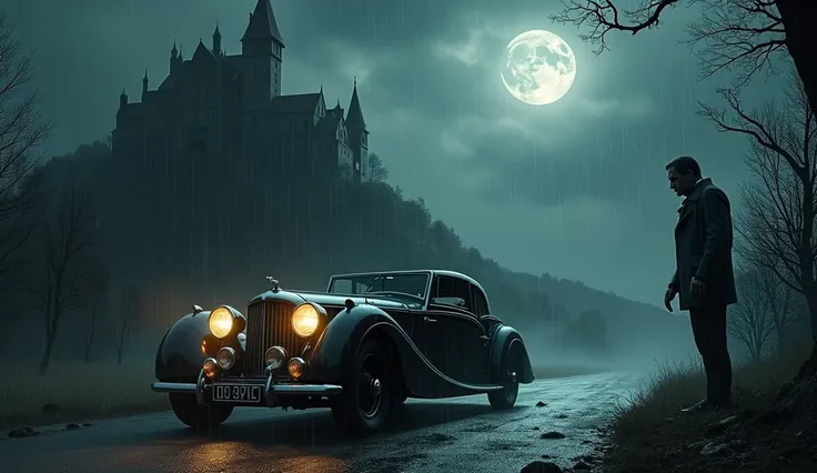 A night landscape, Rainy , Haunted Castle on Hill ,  showing a 1930 Bentley car and a Frankenstein