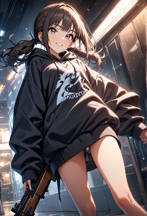 (masterpiece:1.2,  best quality), ( high definition),    1 girl  , Long legs,  twin tails,  oversized hoodie,  standing, smile, Volumetric Lighting, Best Shadow,  shallow depth of field, (  best quality , Amazing Details:1.25),  has a rifle