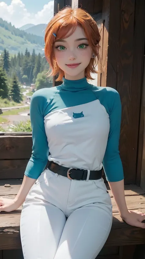 Gwen tennyson,(best qualityer,4K,8k,high resolution,work of art:1.2)(weather: cloudy), forest mountain background, forest road, freckles, white top cat logo, blue sleeves, white capri pants, white sneakers, hair pin, winter belt, eyeliner, short hair, ging...