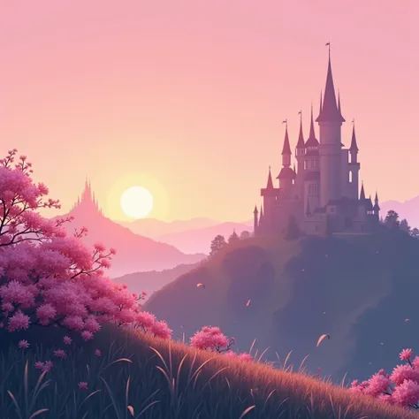 Beautiful minimalist anime style background modern drawing style with castles and cute sunset with beautiful bush with some beautiful pink flowers