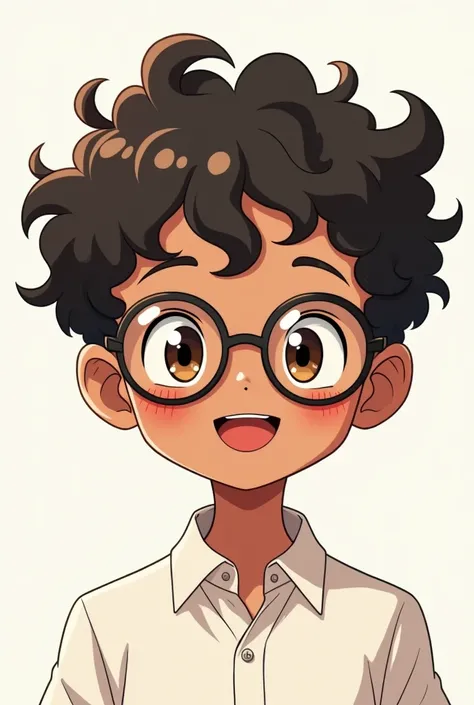 Create a photo of a brown-skinned boy with curlers wearing glasses looking at the camera , Clothes that are simple dressed in a white shirt 
The style of anime