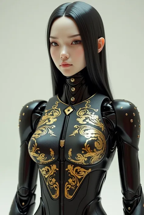 Give me a prototype drawing as a 3D design of a female humanoid robot in Japanese style and delicate real size black with gold details black cyborg style the shield with details all over the shield 