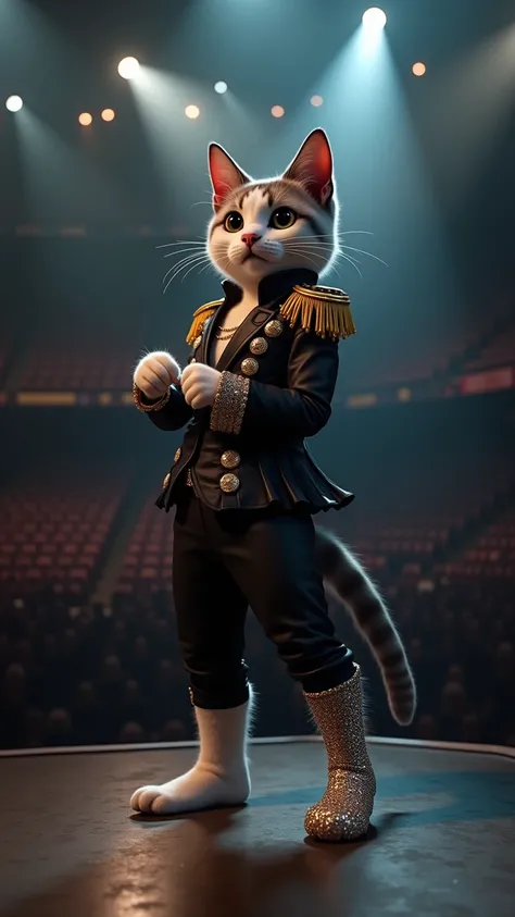 A cat dressed as Michael Jackson is standing、The background is a concert venue