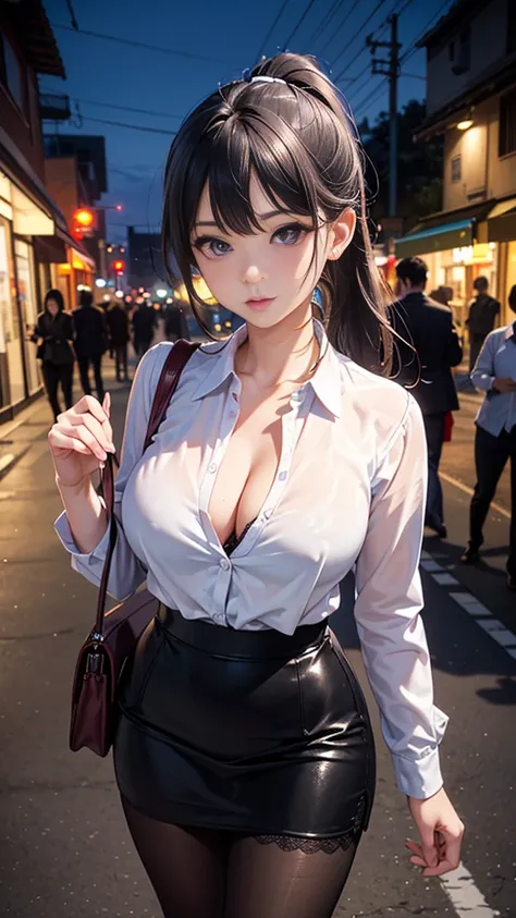 ( masterpiece :1.2), ( Best Quality :1.1, ( lyrics:1.3),  Very detailed 8k CG unit wallpaper ,  depth of field, HDR-10, realistic,  detailed eyes, 1 sexy woman, standing,   seen from above,  big breasts, black hair short ponytail,  purple eyes, office lady...