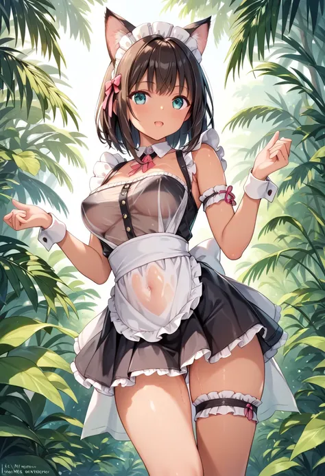 masterpiece, best quality, delicate illustration,Wild Body, 
(1girl:1.2),(solo:1.2), tan, Animal Ears, medium breasts, See-through, (sexual:1.0) (micro Maid clothes:1.1), mini skirt, thigh strap, (midsummer:1.2), (In the Jungle), (active motion:1.3), (love...