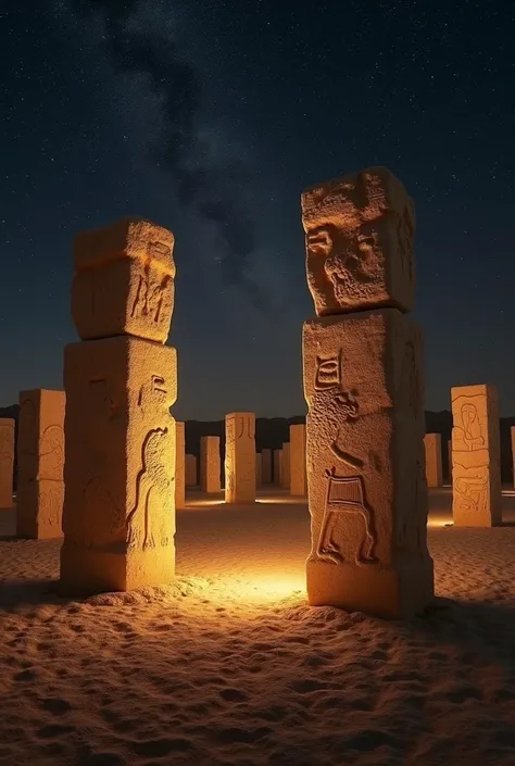  A desert landscape with the pillars of Göbekli Tepe in the foreground ,  illuminated by golden light at dusk . The sky is full of bright stars, giving a mystical and mysterious air .  The image transmits an enigmatic atmosphere , with a dark background th...