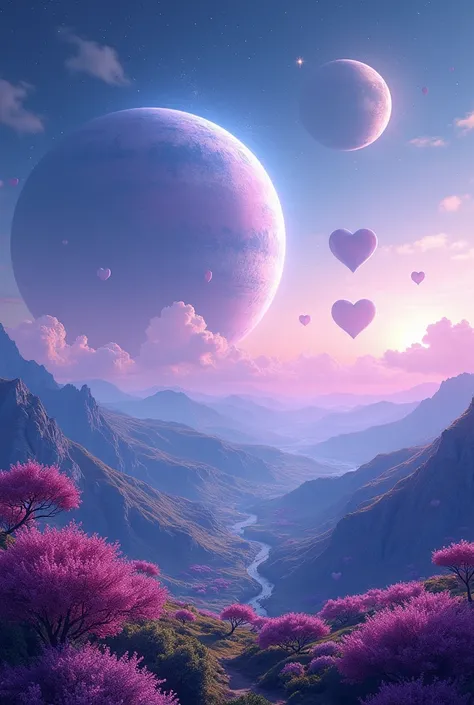 Make an image of a planet that is one of love with shades of blue, purple and pink with 2 heart-shaped moons 