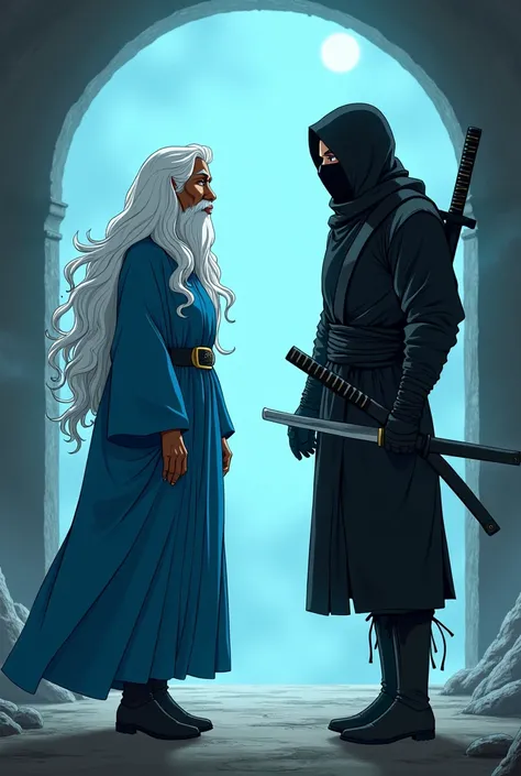  Two characters 

African-American witch with long white hair and white beard , de  heavenly eyes   luce una  tunica azul  zapatos negros de fondo un portal dimensional.  anime style. 

 Ninja with full tight suit black ,  with black Ninja mask ,  long tig...