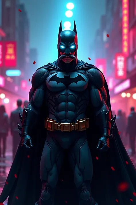 Imagine a batman, but with moustache and white eyes and the bakcground is a night rave