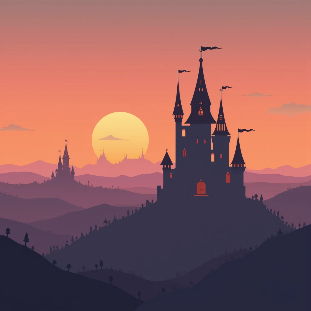 Landscape with fanciful castles in minimalist style at sunset 