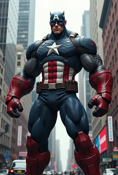 Captain America and rhino dna fusion, standing in City, furious look, great body, full captain America suit wearing 