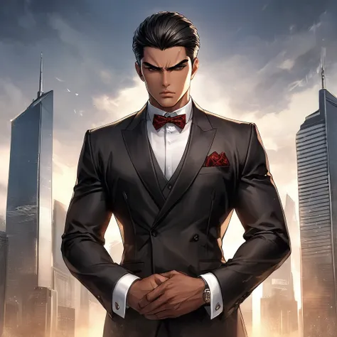 Neo-noir Futuristic art style, waist-up view. A semi-realistic anime-style man with a short, well-groomed dark brown beard, thick eyebrows, piercing serious eyes, aged 25. He has a warm tan complexion, a symmetrical face, and a strong jawline that compleme...