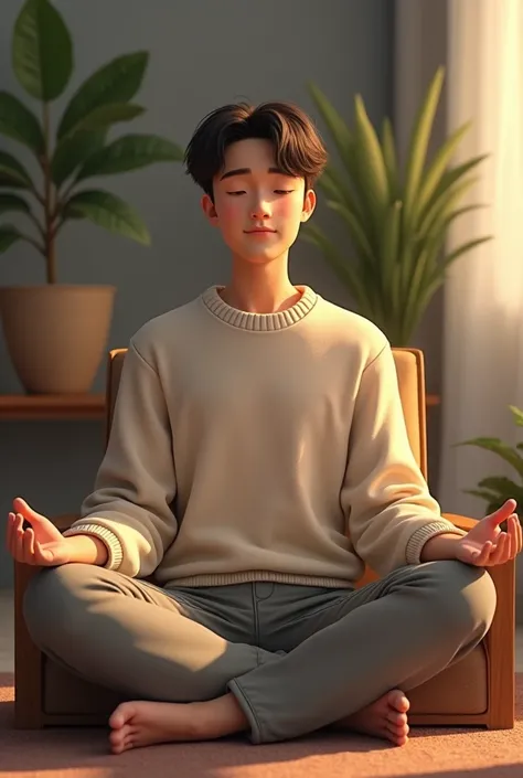 "A highly detailed portrait of a young man practicing mindfulness. They are seated cross-legged on a chair with their eyes slightly closed, smiling softly. The lighting is warm and highlights their peaceful expression. They have short, neat hair and are we...