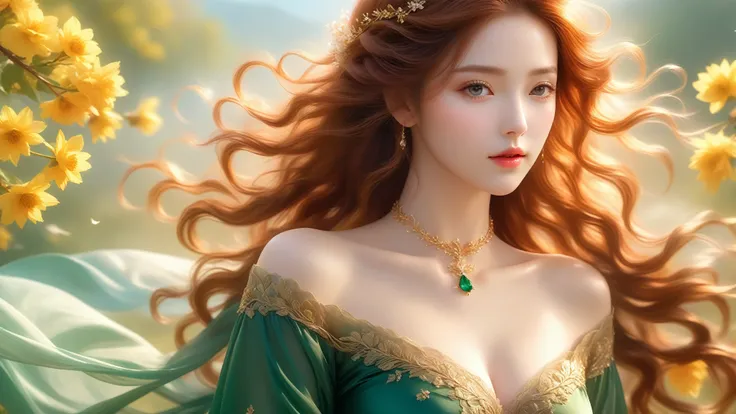 A Masterwork In 32K Resolution, Unmatched Quality, Ultra-Fine Details, Official Art, Supreme 32K Wallpaper, Gorgeous And Ethereal, Highly Detailed Features, Spellbinding Detail, Dutch Angle, Hyper-Realistic, Spring Landscape. One Girl, Solitary, Chestnut A...