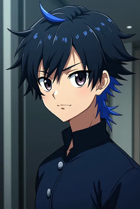 Create a 19-year-old man,  serious expression , black hair with a blue lock, dark blue clothes,  anime style .