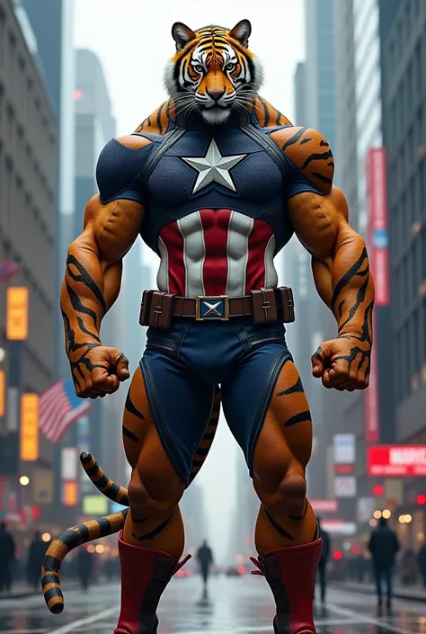 Captain America and tiger dna fusion, standing in City, furious look, great body, full captain America suit wearing 