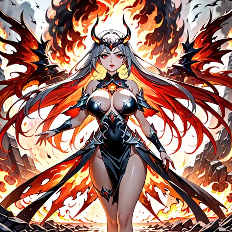 (((  God-level work      ,    best quality  ., high detailed, Interligent Ultra-HD , 32K))) (1girl with big breasts)  , ,   A female warrior with a big and impressive face    ,    Wear the image of the god , , holding a powerful black legendary weapon in o...