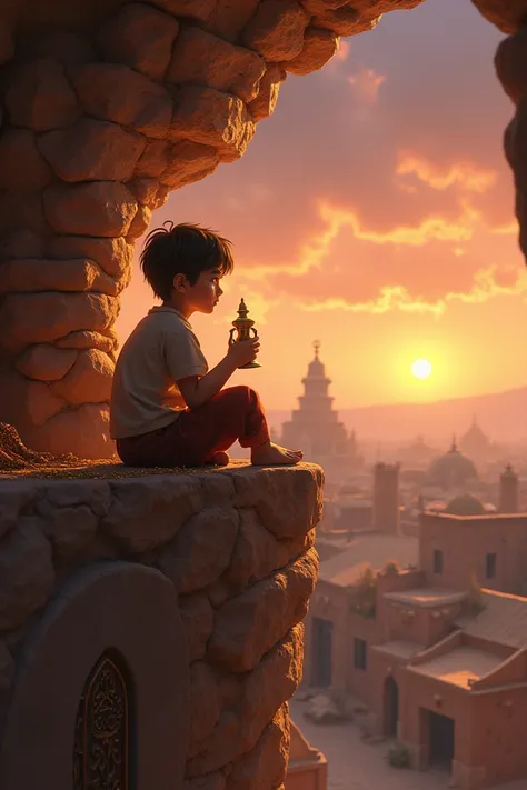 This image shows a young boy sitting on the edge of a building at sunset, overlooking an area of traditional, mud-brick houses. The warm, earthy tones of the architecture blend with the soft hues of the sunset, creating a serene and introspective atmospher...