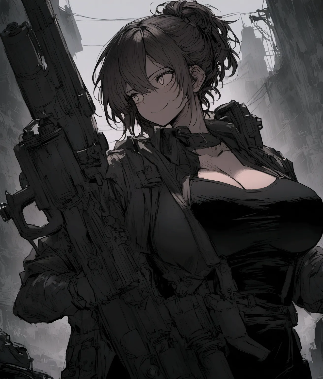 men's short hair hairstyle holding an ak rifle big breasts holding a minigun