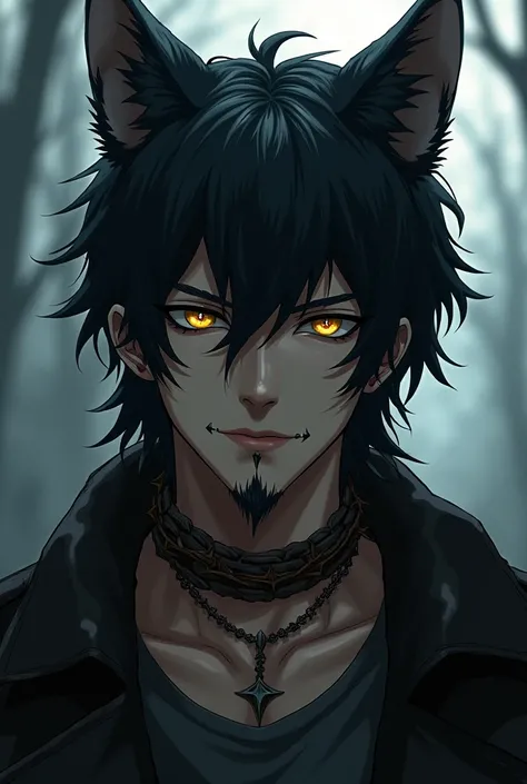 man, young adult, Dark skin,  yellow eyes , messy shoulder length black hair, werewolf, anime, stubble on the chin ,  collar with thorns on the neck ,  piercings on the wolf ears above the head 