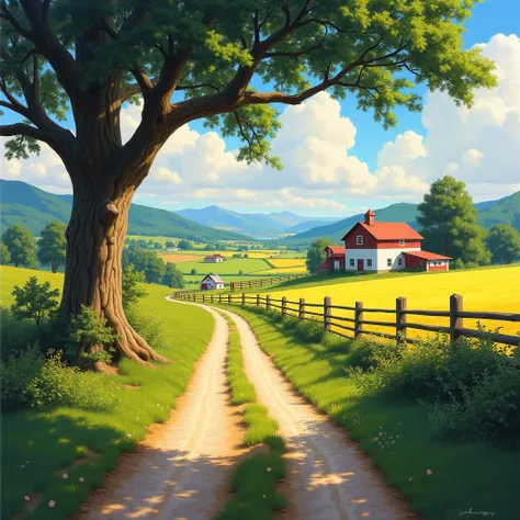 (photorealism:1.2), A painting of a rural road leading to a farm with a tree, scenery artwork, detailed painting 4k, colorful landscape painting, vibrant gouache painting scenery, by Franz Hegi, landscape wallpaper, HD wallpaper, anime countryside landscap...