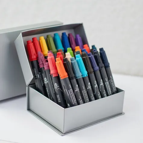 Design an advertisement for a 24-piece wall marker pen, 24 colors, placed in a beautiful silver box. The pen is a modern and useful design.