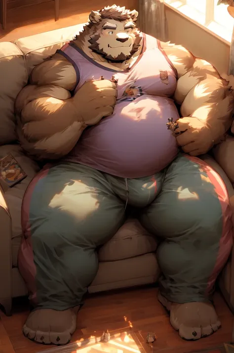 furry, wearing, man, father, chubby, mature, wearing shorts, short hair, Tank top, sweatpants, underwear bulge, living room, sofa, coffee table, fatherly looking, (Massiv:3.0, (  heavyweight,stark,Macro, Emphasize )),