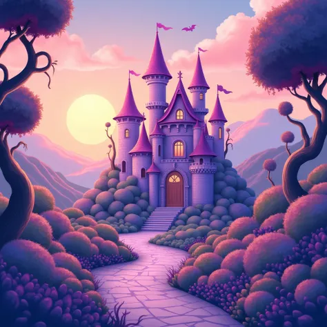 Landscape with purple castles with fanciful shrubs anime style in a sunset Cute drawing style