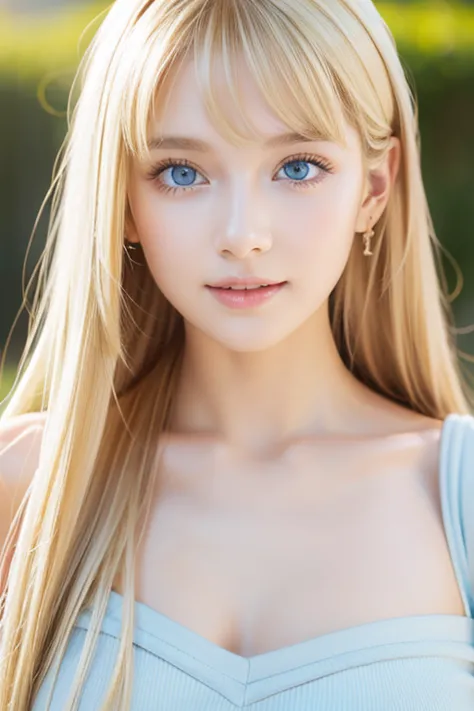 a beautiful blonde with a baby face、1 girl, age 19, solo, super long straight hair,  huge boobs from afar, bright expression、 lo...