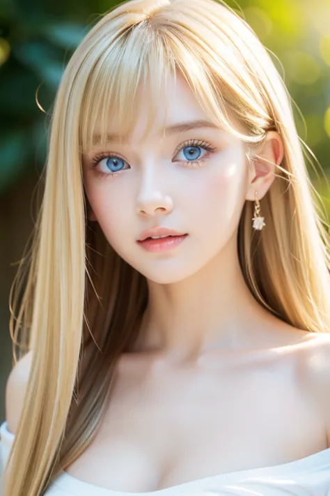 a beautiful blonde with a baby face、1 girl, age 19, solo, super long straight hair,  huge boobs from afar, bright expression、 lo...