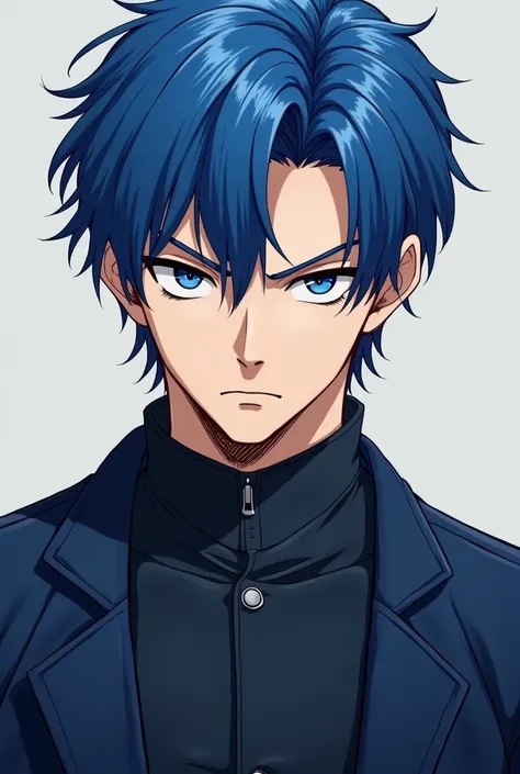 Create a 19-year-old man,  serious expression ,  blue hair , dark blue clothes,  anime style 