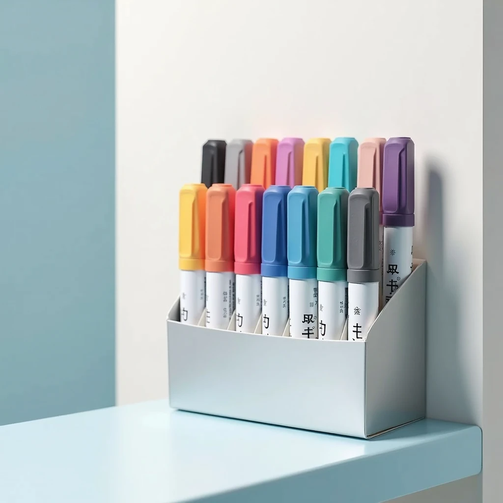 Design an advertisement for a 12-piece wall marker pen, 12 colors, placed in a beautiful silver box in Japanese style. The pen is a modern and useful design, but there are no Japanese characters.