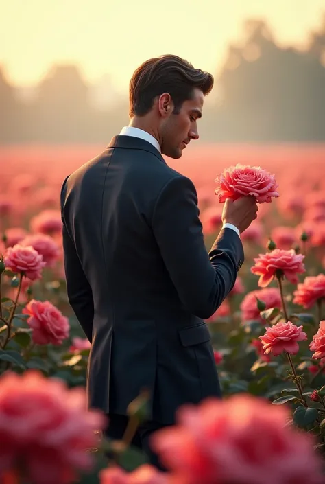 Create a man touches a flower in a rose field
 with suit and facing back 