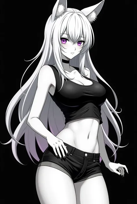 sexy mature anime woman, masterpiece, best quality, big breasts, ((no jewelry)), ((no necklace),, ((no collar)), perfect hair, long white hair, street clothes, white fox ears, limited color, thighs, purple eyes, seductive, minimal color ((bright purple eye...