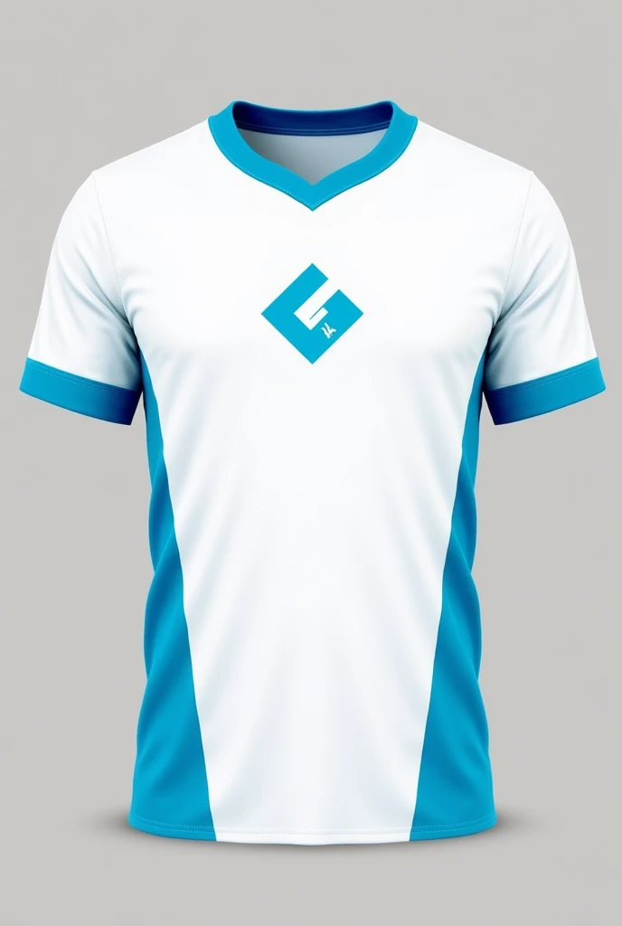 Make a white team jersey with the collar of the arm and neck in the color cyan and a diamond on the chest 