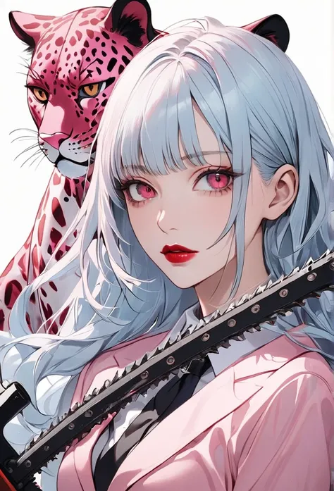 (( Pink Panther ,  light blue hair ,  girl)),( Chainsaw Man ), Crimson Eyes. Dark red lips,  red eyeshadow,