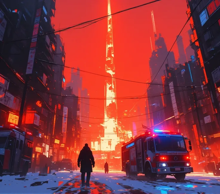  Picture of a Man Walking in the Snow Near a Police Car and Fire Truck,  Red Dyed Town 、do:  Ismail Ingeoglu , inspired do:  Ismail Ingeoglu , Concept art of Sergey Kolesov,  Ismail Incheoglu and Luan Jia , Bussiere Rutkowski Andreas Rocha, atey ghailan 8 ...