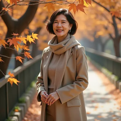 Beautiful autumn scenery. Maple leaves.  Clear weather. A beautiful, beautiful, well-looking Korean woman in her 50s . short medium length hair. I made a luxurious beige scarf that covers the shoulders and neck .  middle-aged woman who looks a little older...