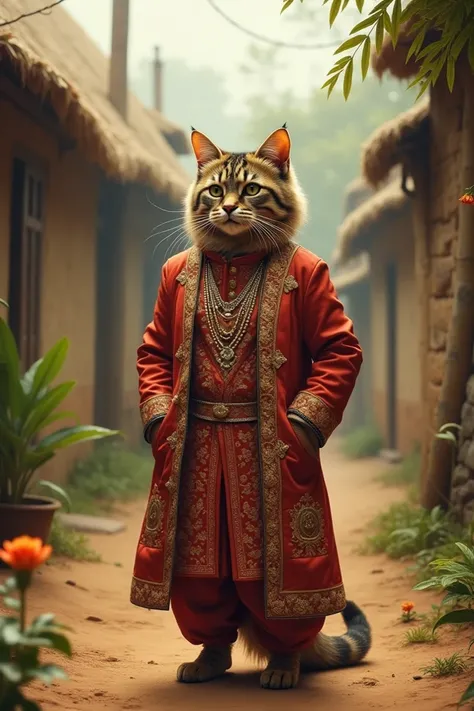 s cat look like a human posture dressed in shervani the scene is created in village 