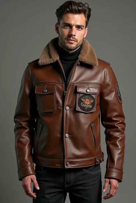 snap tab collar
brown collar
stegaro patch at front pockets and back bigger logo
front pockets zipper
button cuffs
style leather biker jacket