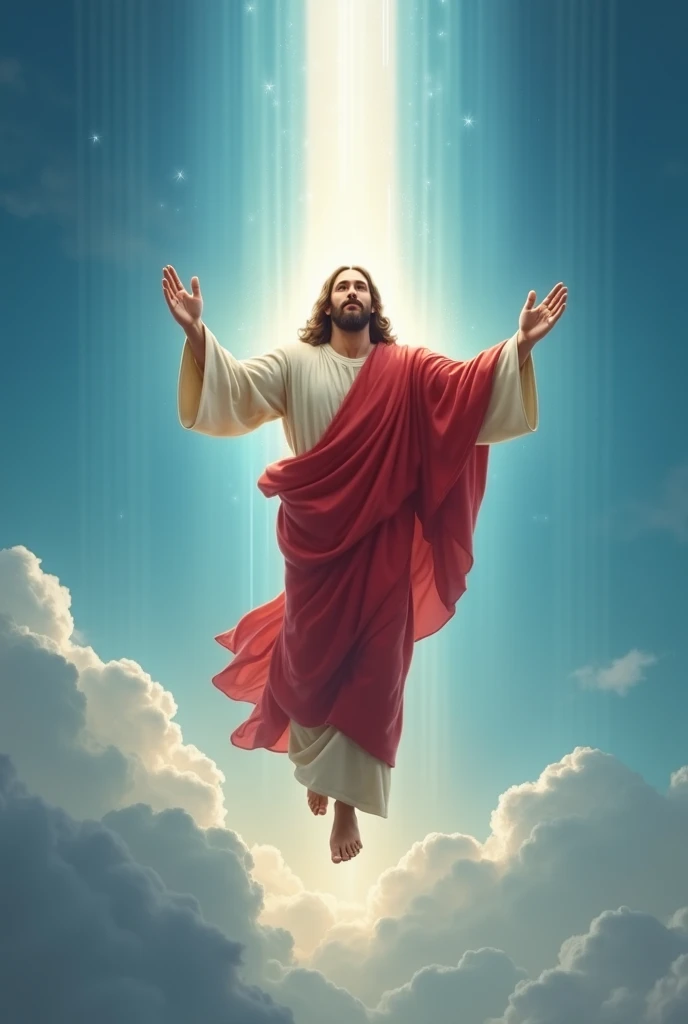 Jesus in red robe descending from heaven with his hands raised with a sky blue sky 