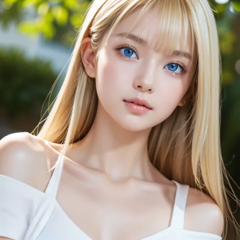 a beautiful blonde with a baby face、1 girl, age 19, solo, super long straight hair,  huge boobs from afar, bright expression、 lo...