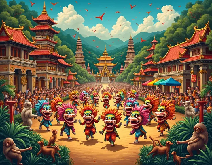 a dynamic naive art painting of Barongsai Bali, a joyful depiction of Balinese culture with a colorful Barongsai in the center, surrounded by traditional temples, vibrant tropical flora, playful animals, and smiling people, warm and vivid hues, intricate p...