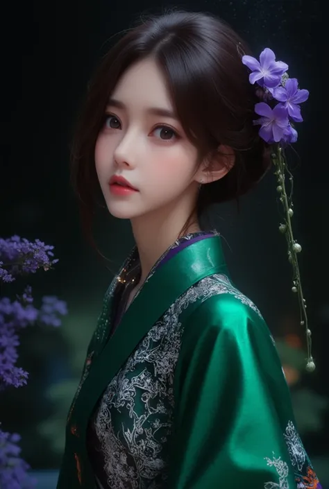  asian woman, Stunning Kimono ,  emerald green ,  black and white floral pattern ,  purple accent,   Elegant Poses  , purple flower hair ,  soft wind effect , Dark Background,  soft lighting ,  quiet atmosphere , Magical,  fantasy 