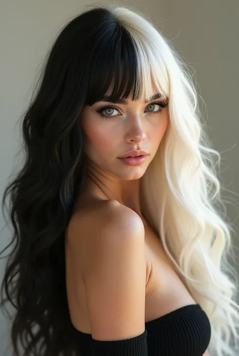 Give me a woman that has two tone hair color but only at her bangs (black/brown and blonde/platinum). Make sure the hair is beautiful and long. Down to her hips. Her body will be curvy. Her face must be that of a supermodel, somebody absolutely beautiful. ...