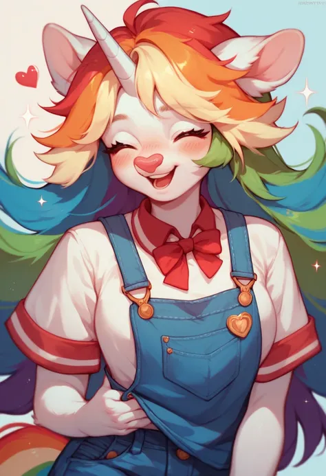 A cute fluffy white anthro rainbow cow with long rainbow hair a rainbow unicorn horn  and cute rainbow cow horns a long rainbow shirt blue overalls with closed eyes and red heart shaped cow nose blushing tounge out 