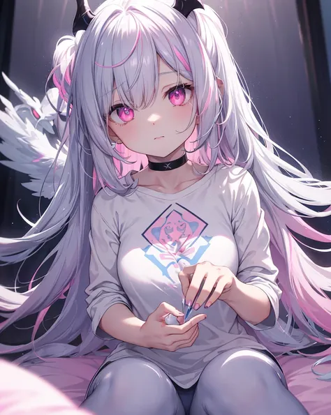  so cute， succubus，Gray Hair， pink elements in hair ，Super cute face， pale blue elements on fur，pink glowing eyes ， white t-shirt，blue element in clothes ， sit in bed， viewed from below，Beautiful light and dark， atmospheric lighting ，Super delicate skin， v...